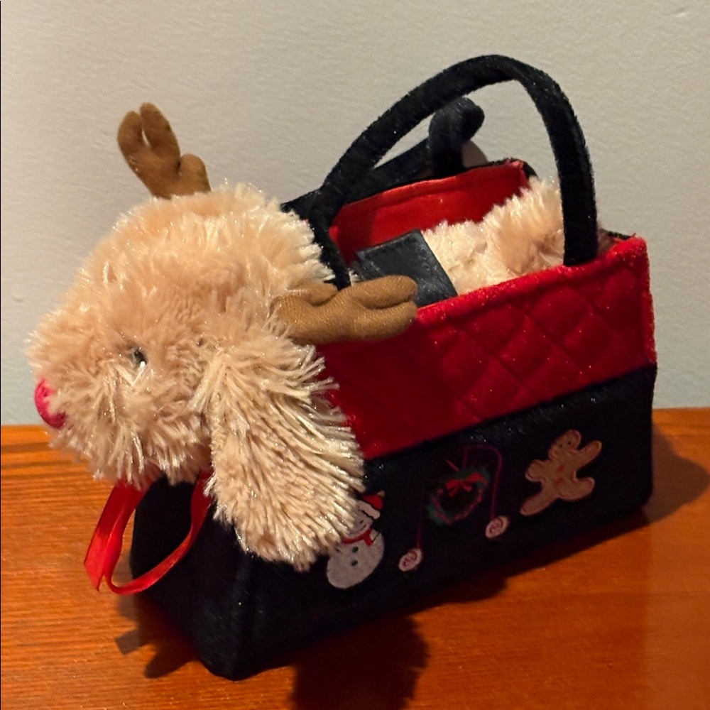 Plush Reindeer Puppy in Christmas Carrying Bag / Purse